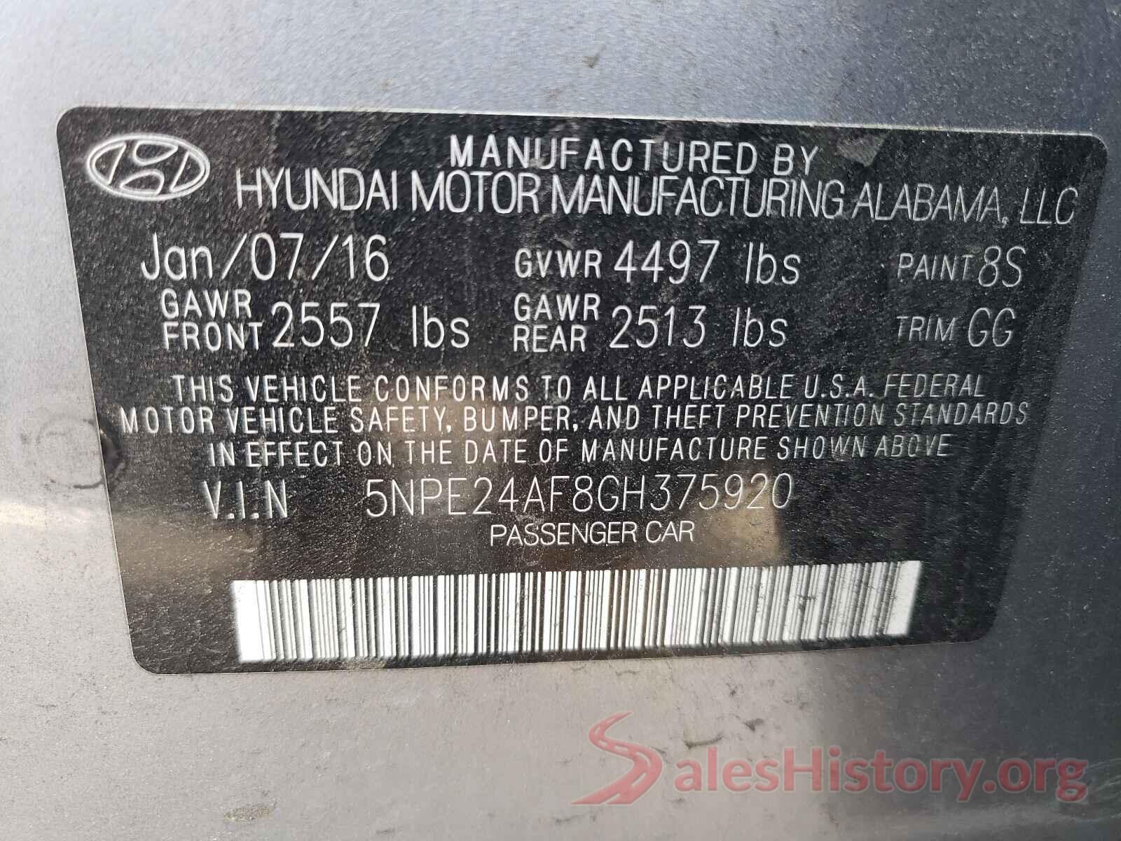 5NPE24AF8GH375920 2016 HYUNDAI SONATA