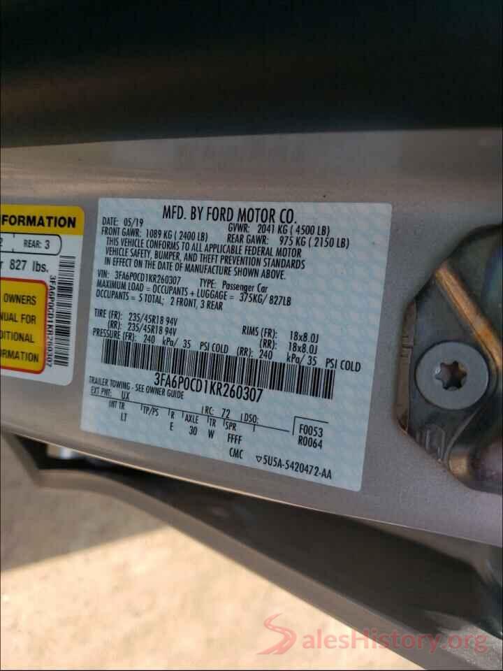 3FA6P0CD1KR260307 2019 FORD FUSION