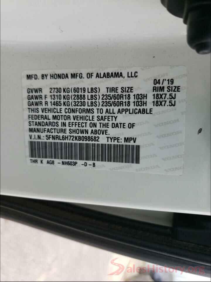 5FNRL6H72KB098682 2019 HONDA ODYSSEY