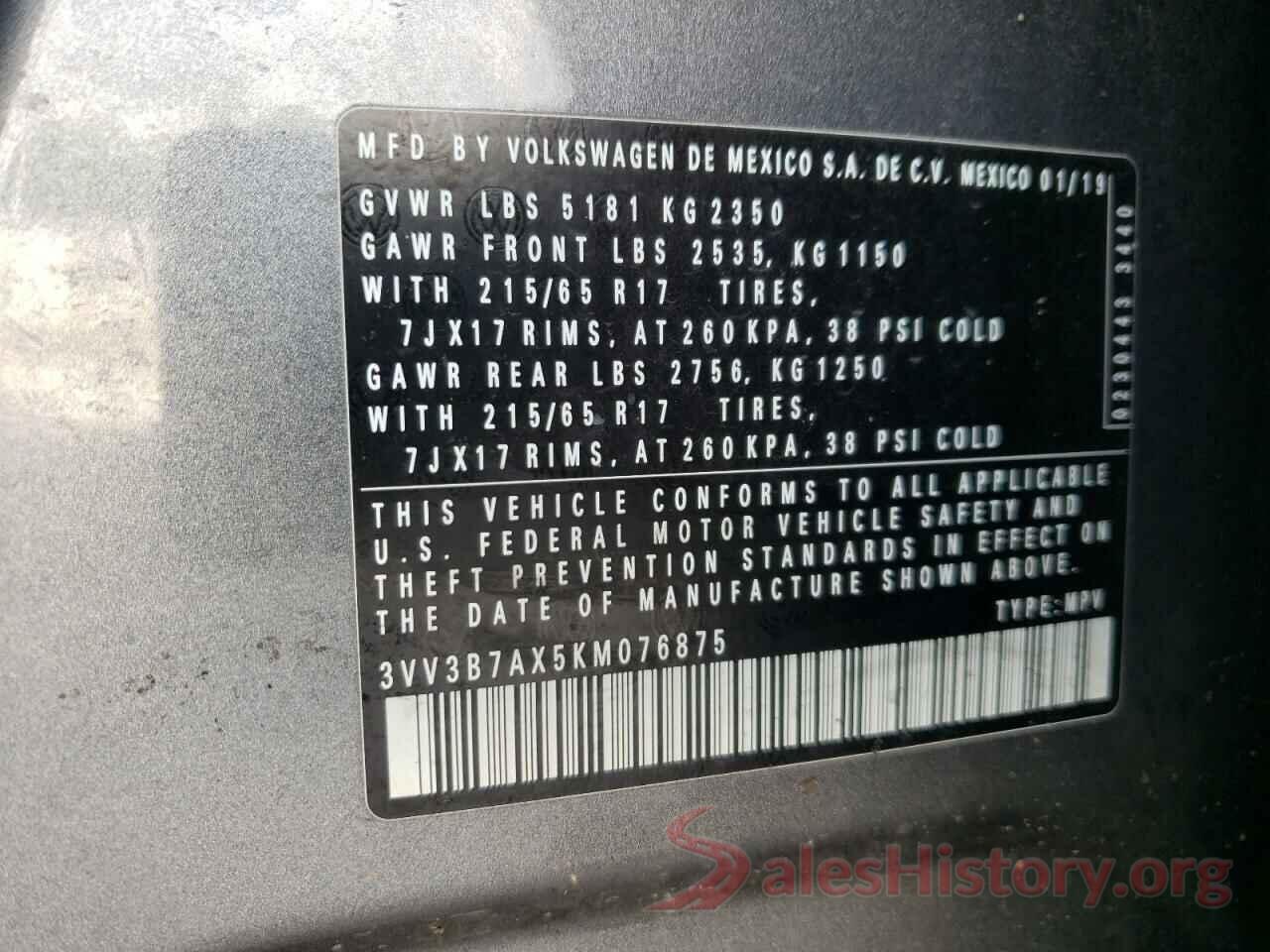 3VV3B7AX5KM076875 2019 VOLKSWAGEN TIGUAN