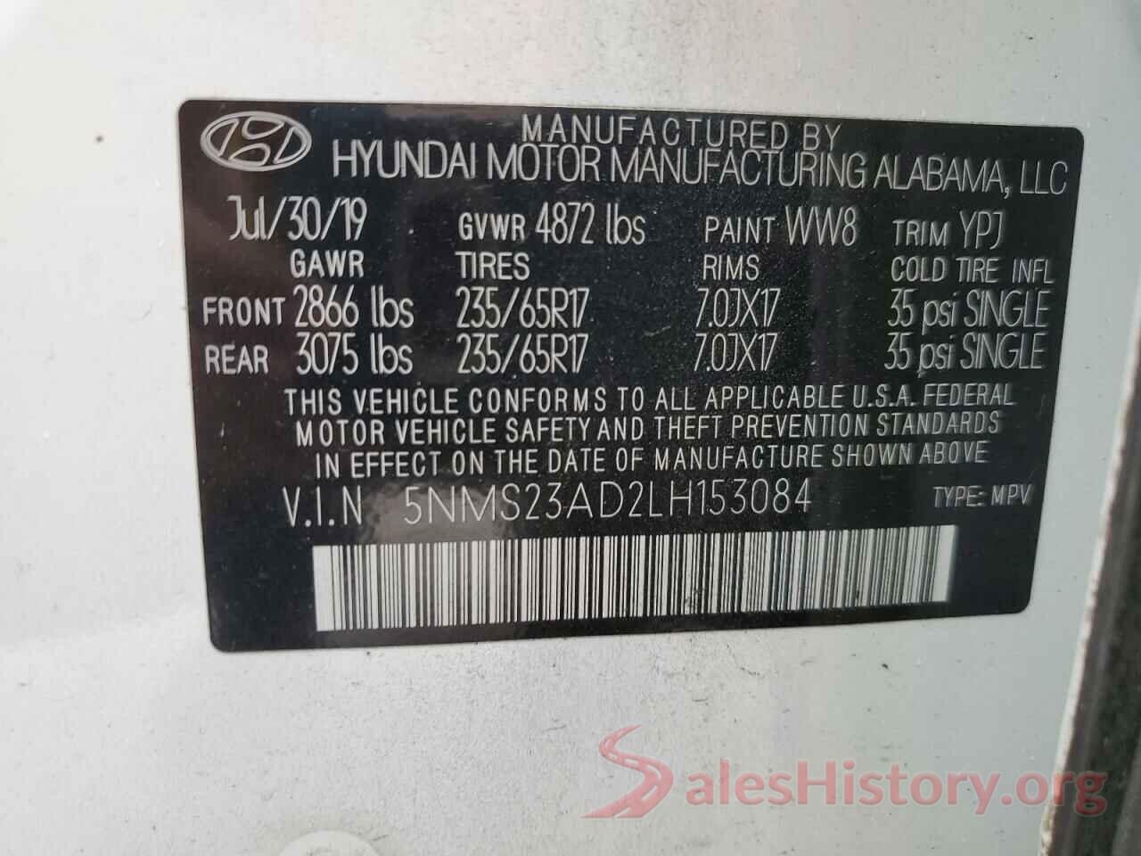 5NMS23AD2LH153084 2020 HYUNDAI SANTA FE