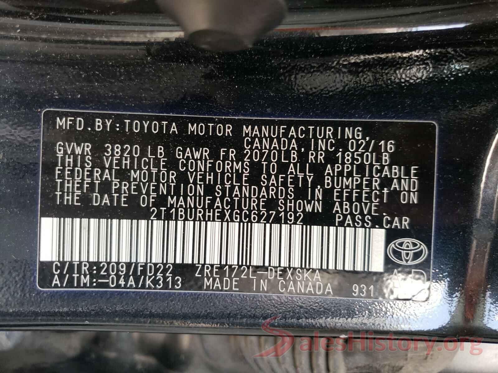 2T1BURHEXGC627192 2016 TOYOTA COROLLA