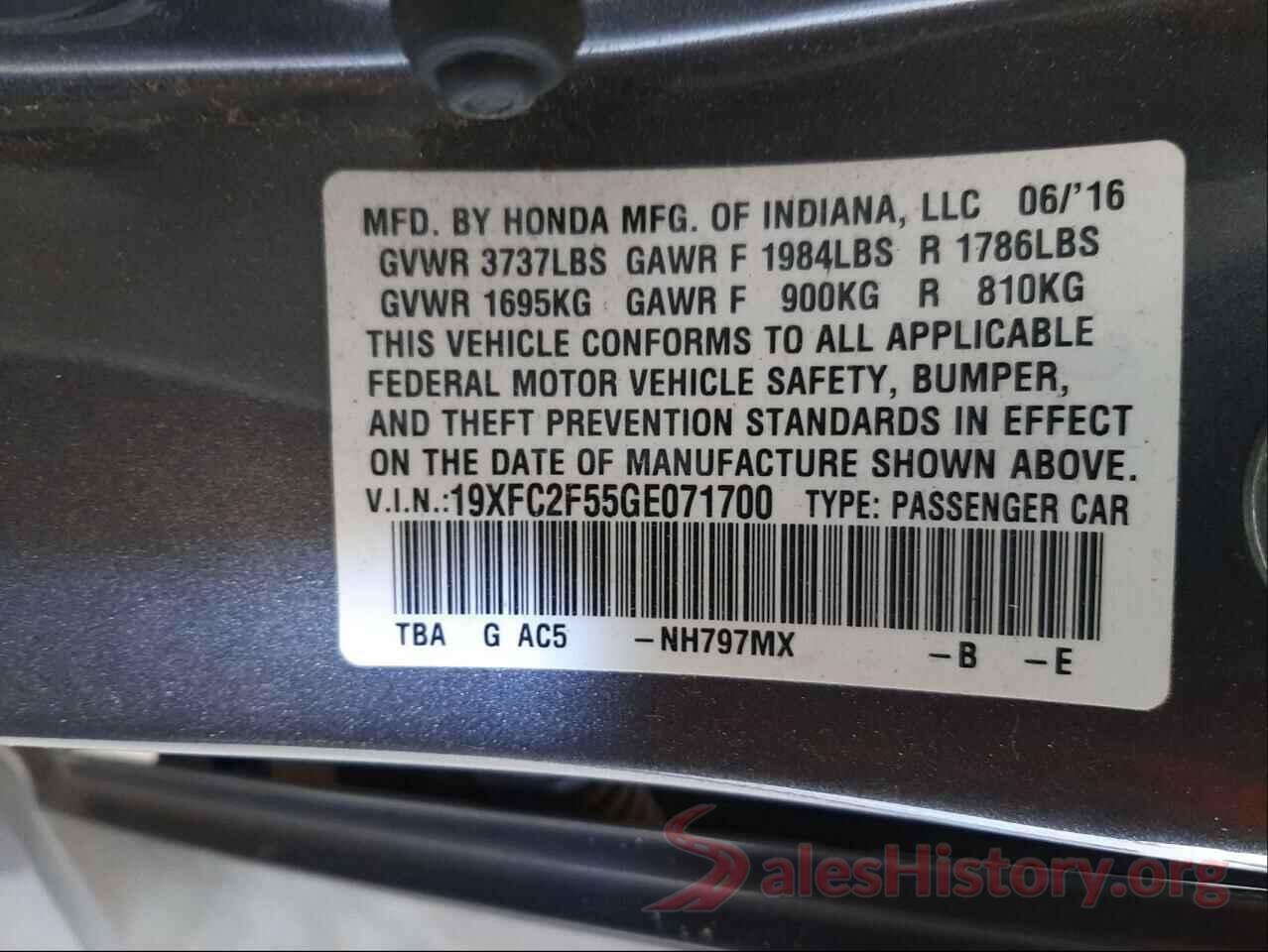 19XFC2F55GE071700 2016 HONDA CIVIC