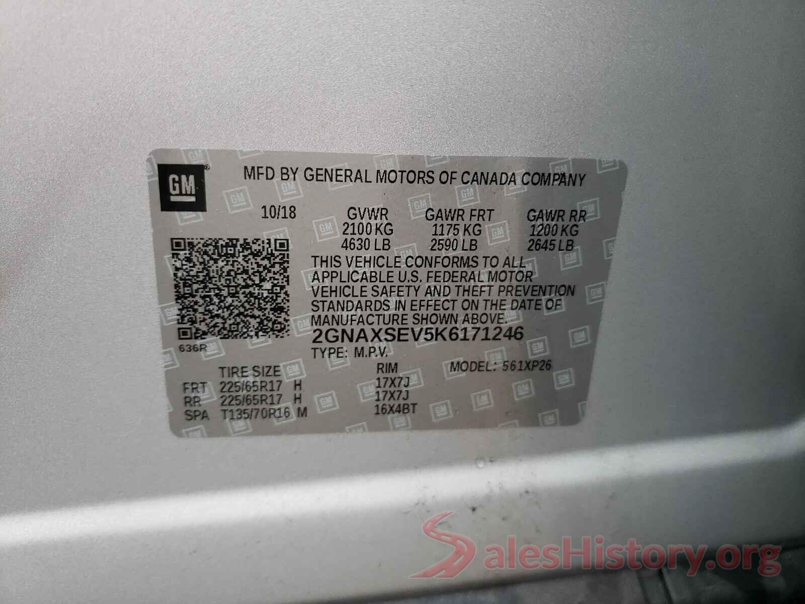 2GNAXSEV5K6171246 2019 CHEVROLET EQUINOX