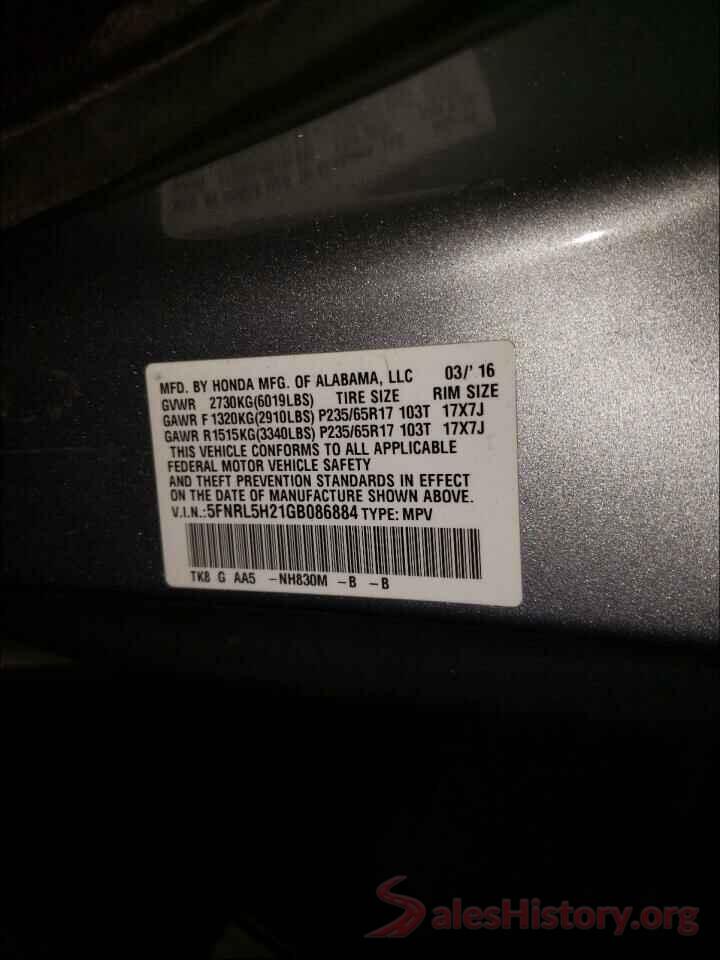 5FNRL5H21GB086884 2016 HONDA ODYSSEY