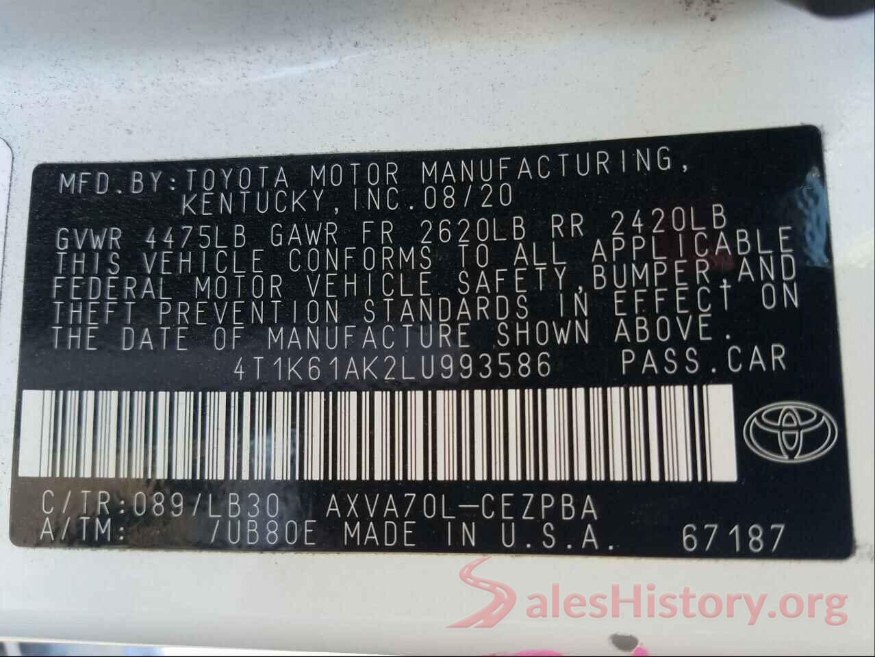 4T1K61AK2LU993586 2020 TOYOTA CAMRY