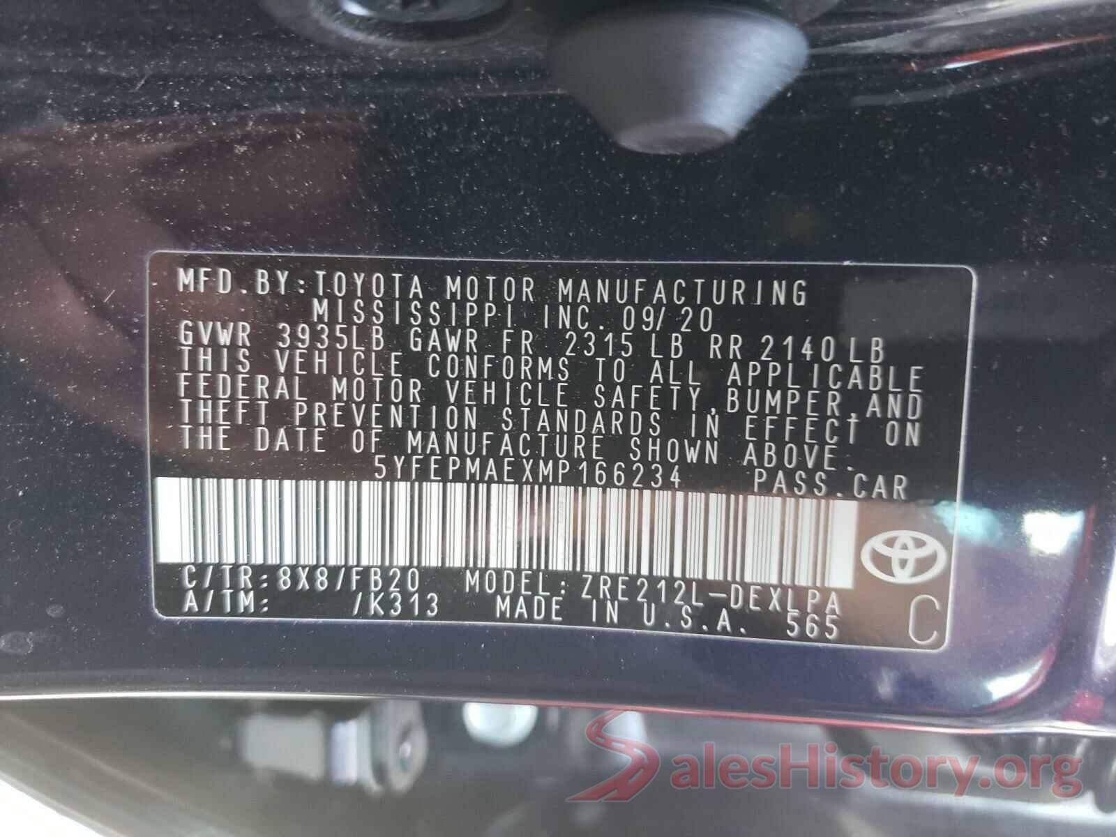 5YFEPMAEXMP166234 2021 TOYOTA COROLLA