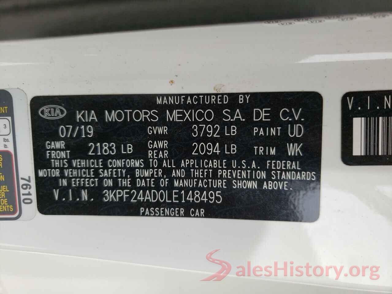 3KPF24AD0LE148495 2020 KIA FORTE