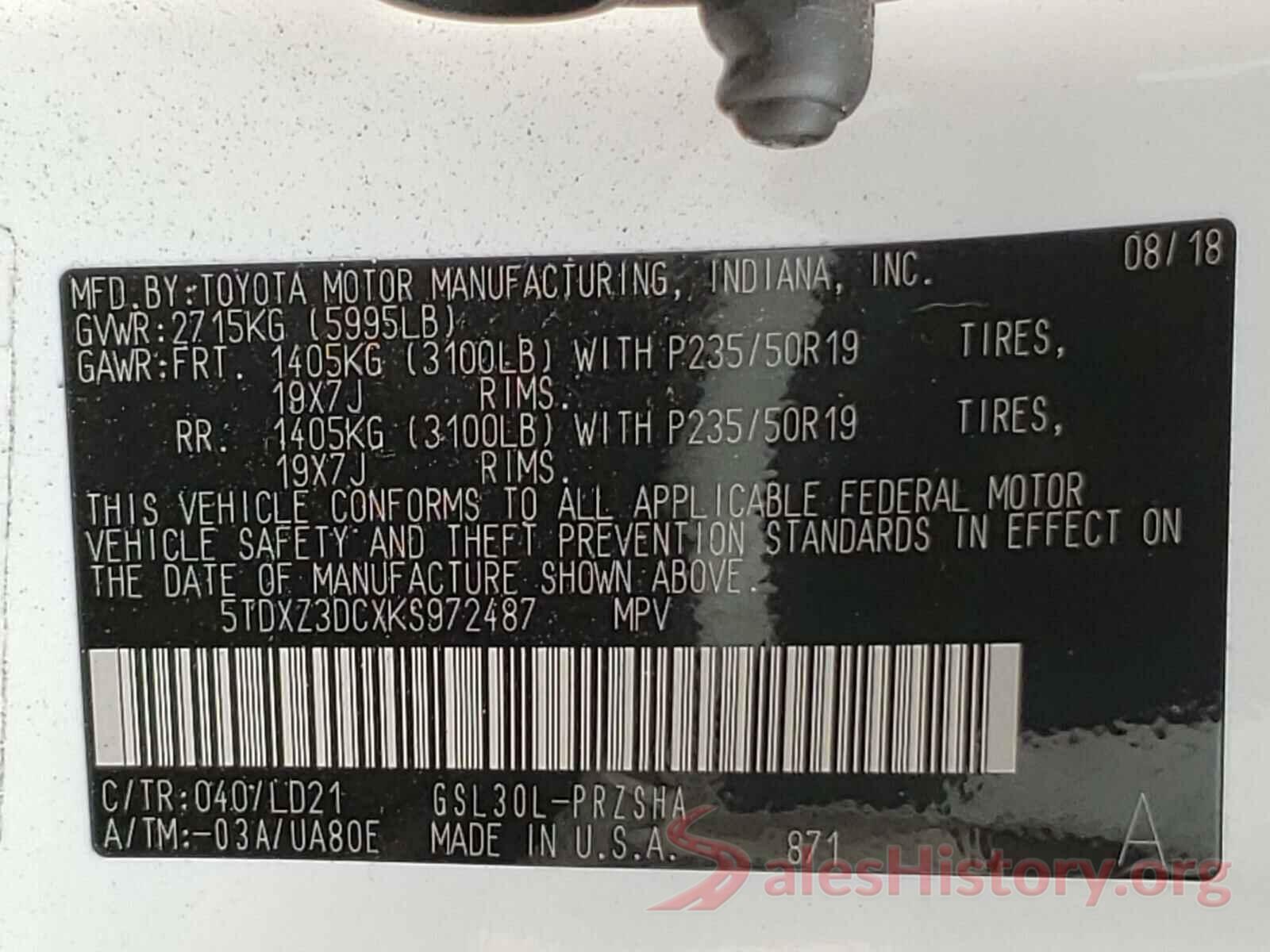 5TDXZ3DCXKS972487 2019 TOYOTA SIENNA