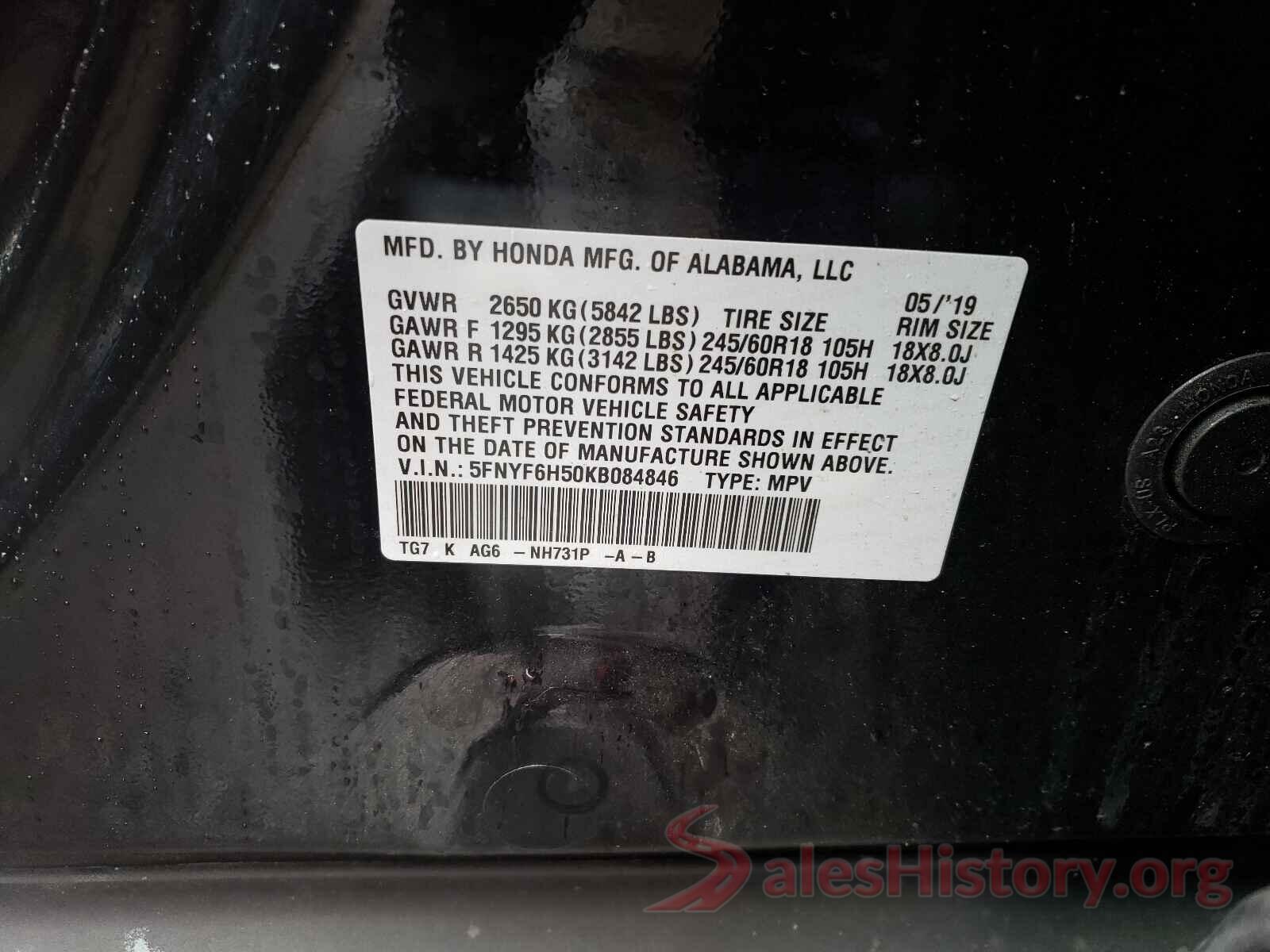 5FNYF6H50KB084846 2019 HONDA PILOT