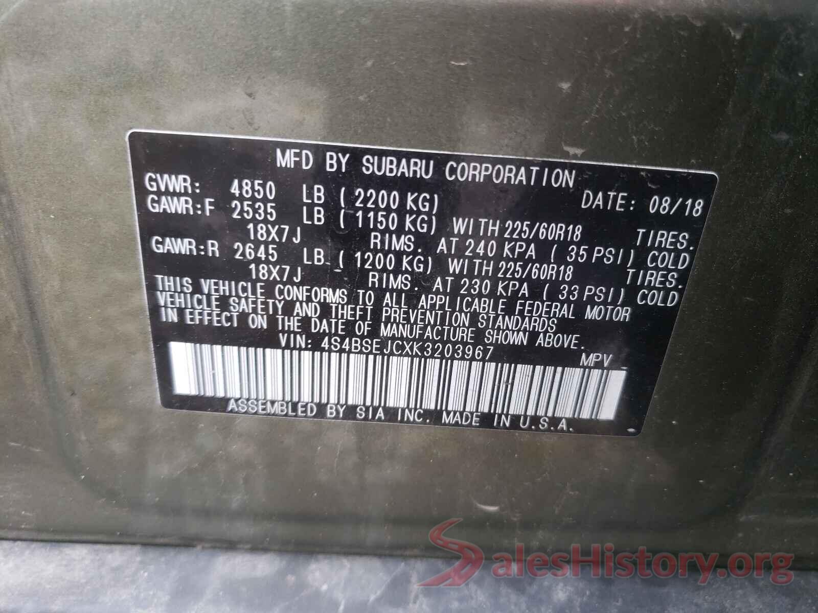 4S4BSEJCXK3203967 2019 SUBARU OUTBACK