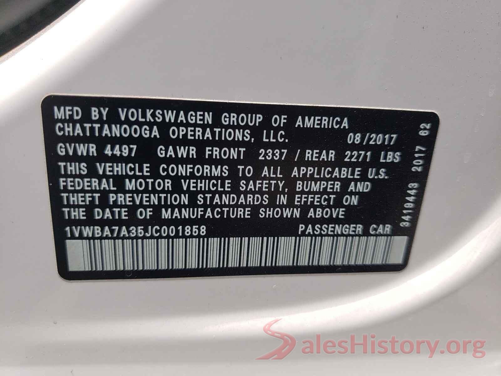 1VWBA7A35JC001858 2018 VOLKSWAGEN PASSAT