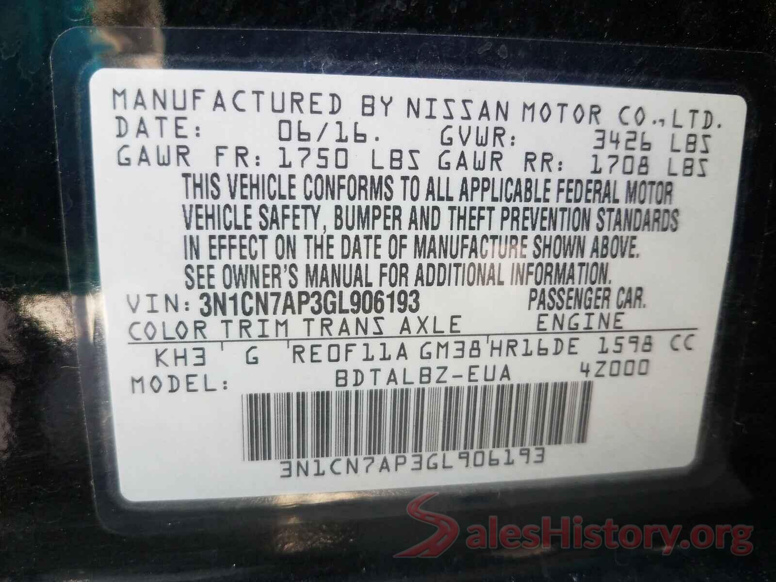 3N1CN7AP3GL906193 2016 NISSAN VERSA