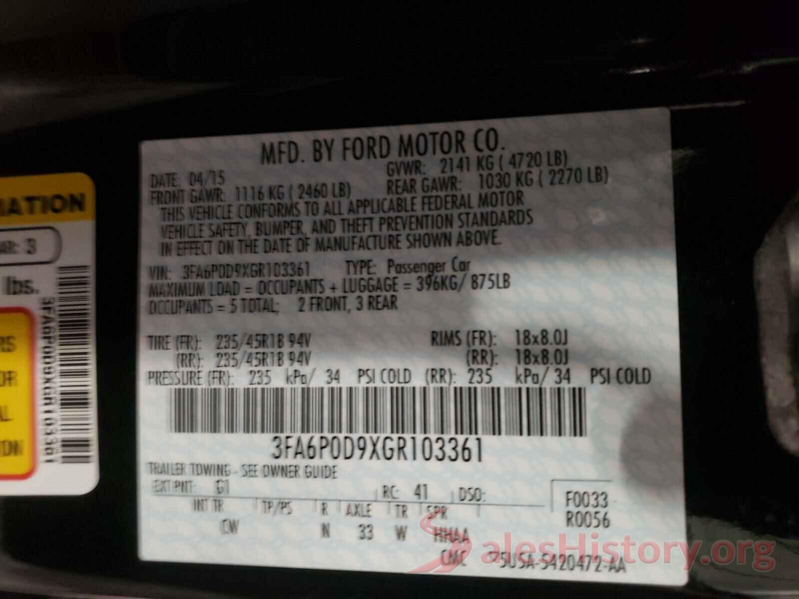 3FA6P0D9XGR103361 2016 FORD FUSION