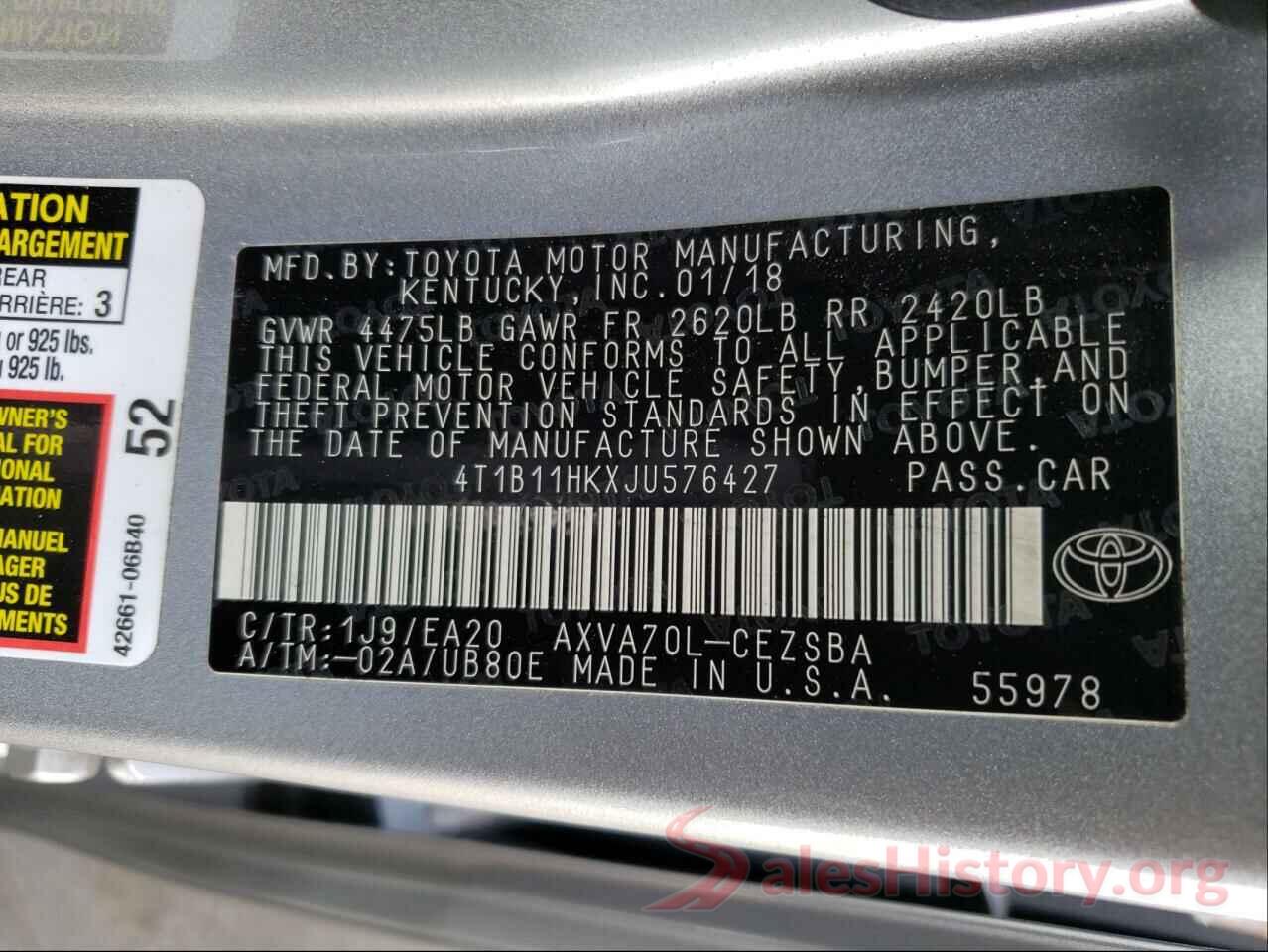 4T1B11HKXJU576427 2018 TOYOTA CAMRY