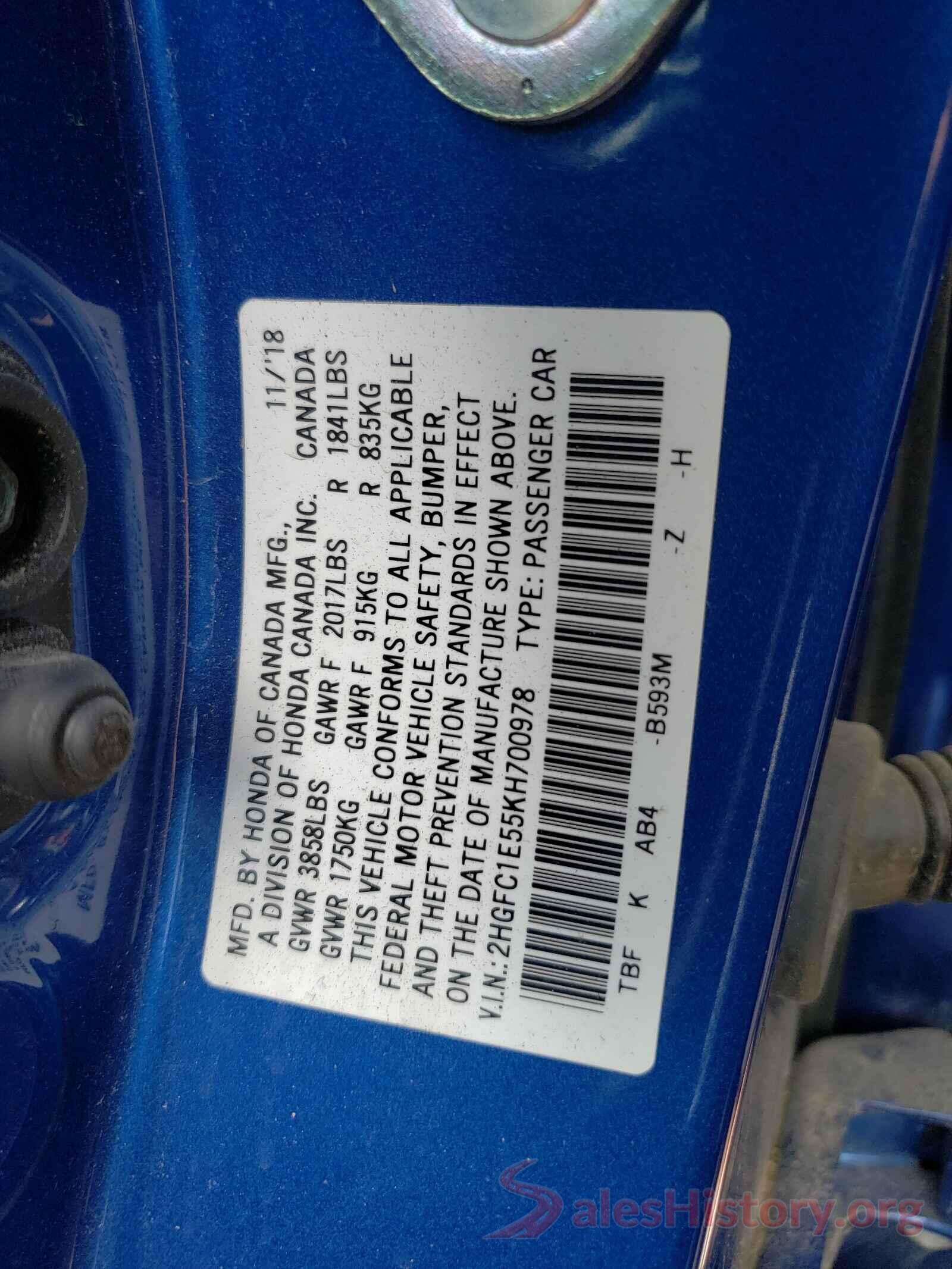 2HGFC1E55KH700978 2019 HONDA CIVIC