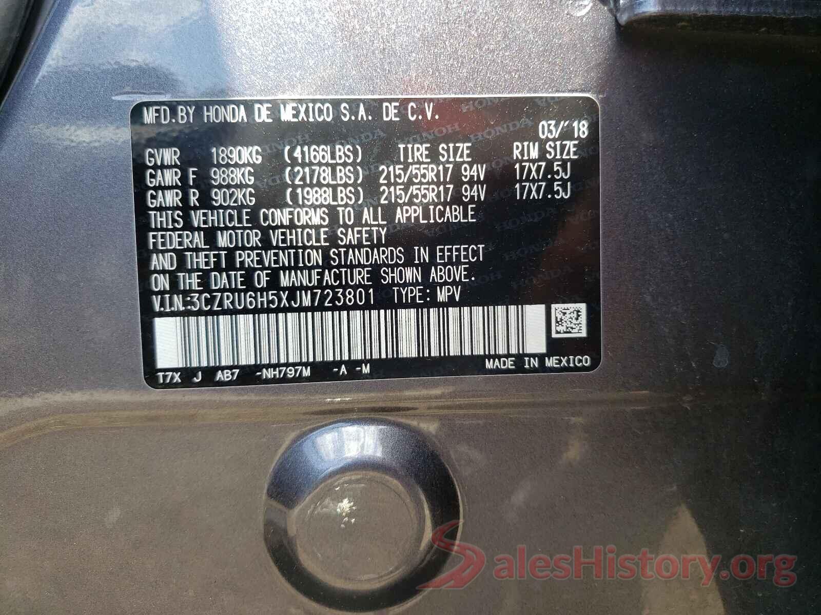 3CZRU6H5XJM723801 2018 HONDA HR-V