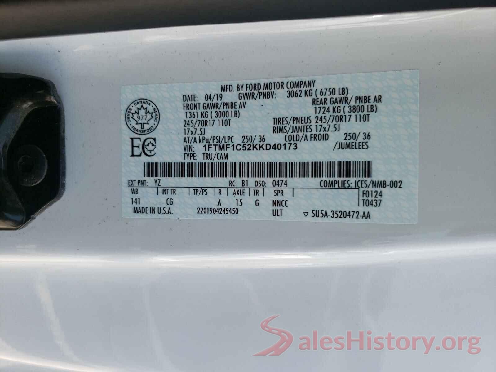 1FTMF1C52KKD40173 2019 FORD F150