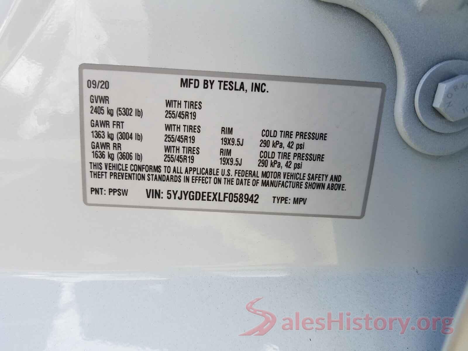 5YJYGDEEXLF058942 2020 TESLA MODEL Y