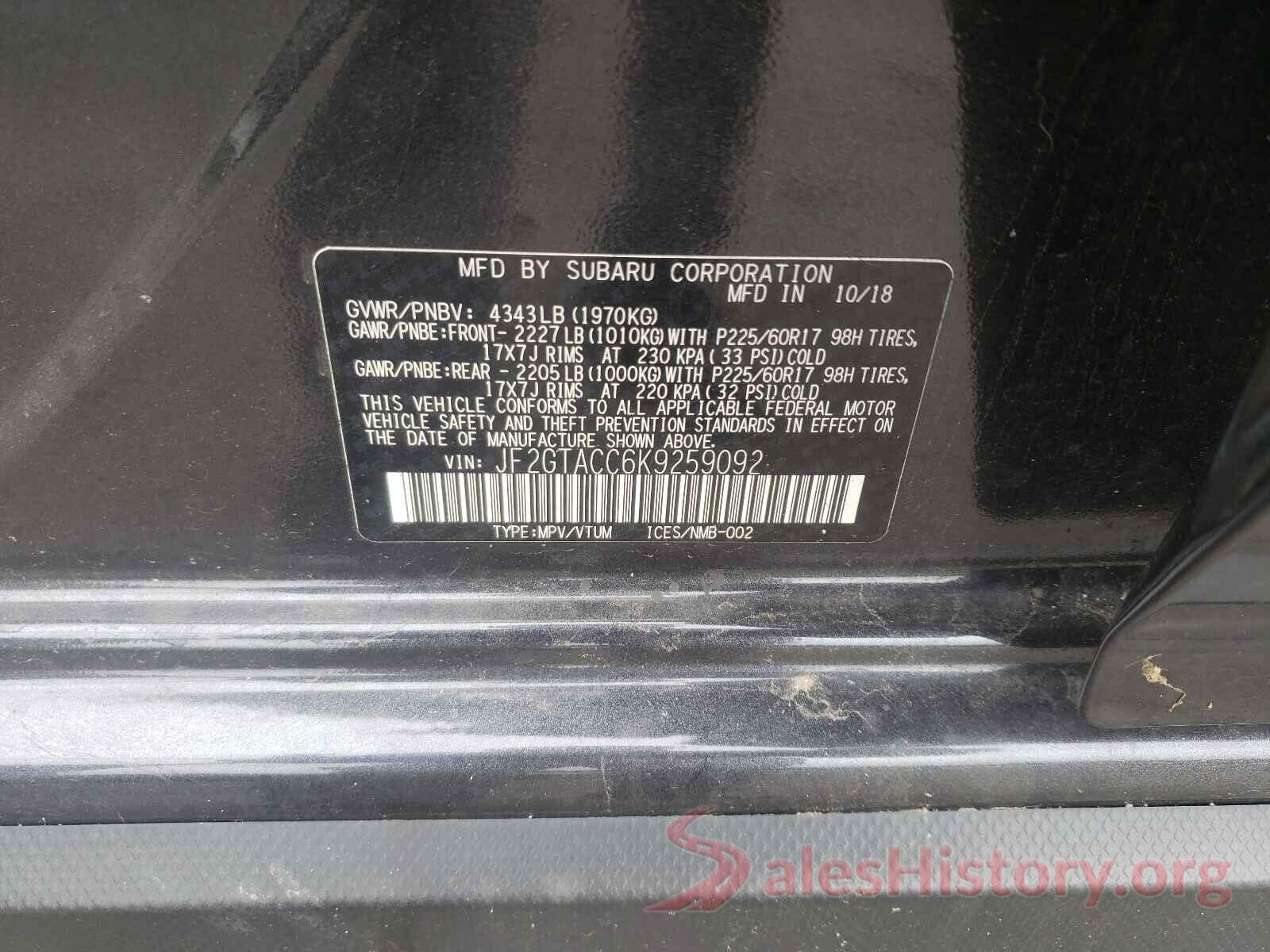 JF2GTACC6K9259092 2019 SUBARU CROSSTREK