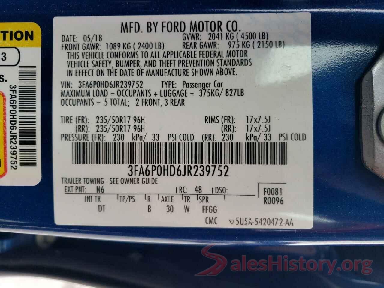 3FA6P0HD6JR239752 2018 FORD FUSION