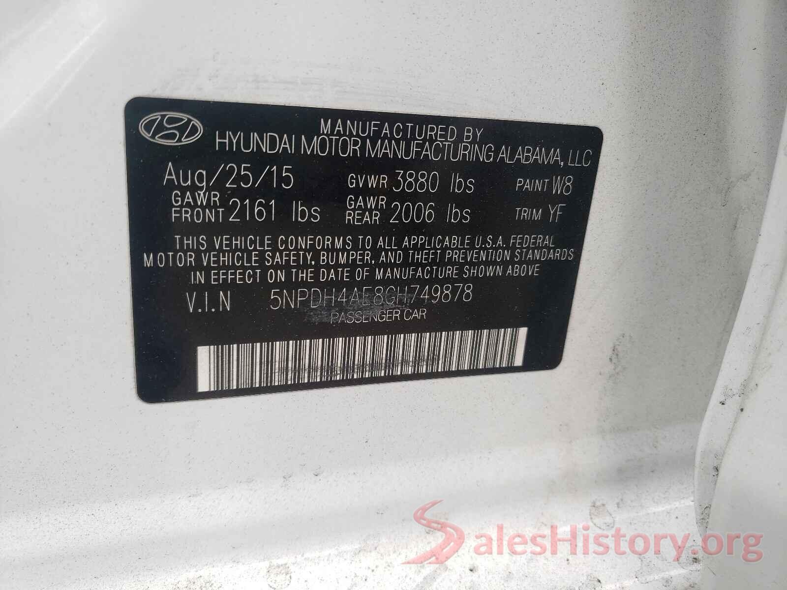 5NPDH4AE8GH749878 2016 HYUNDAI ELANTRA