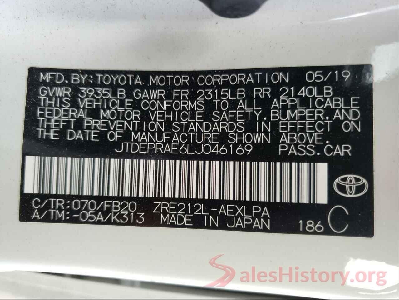 JTDEPRAE6LJ046169 2020 TOYOTA COROLLA