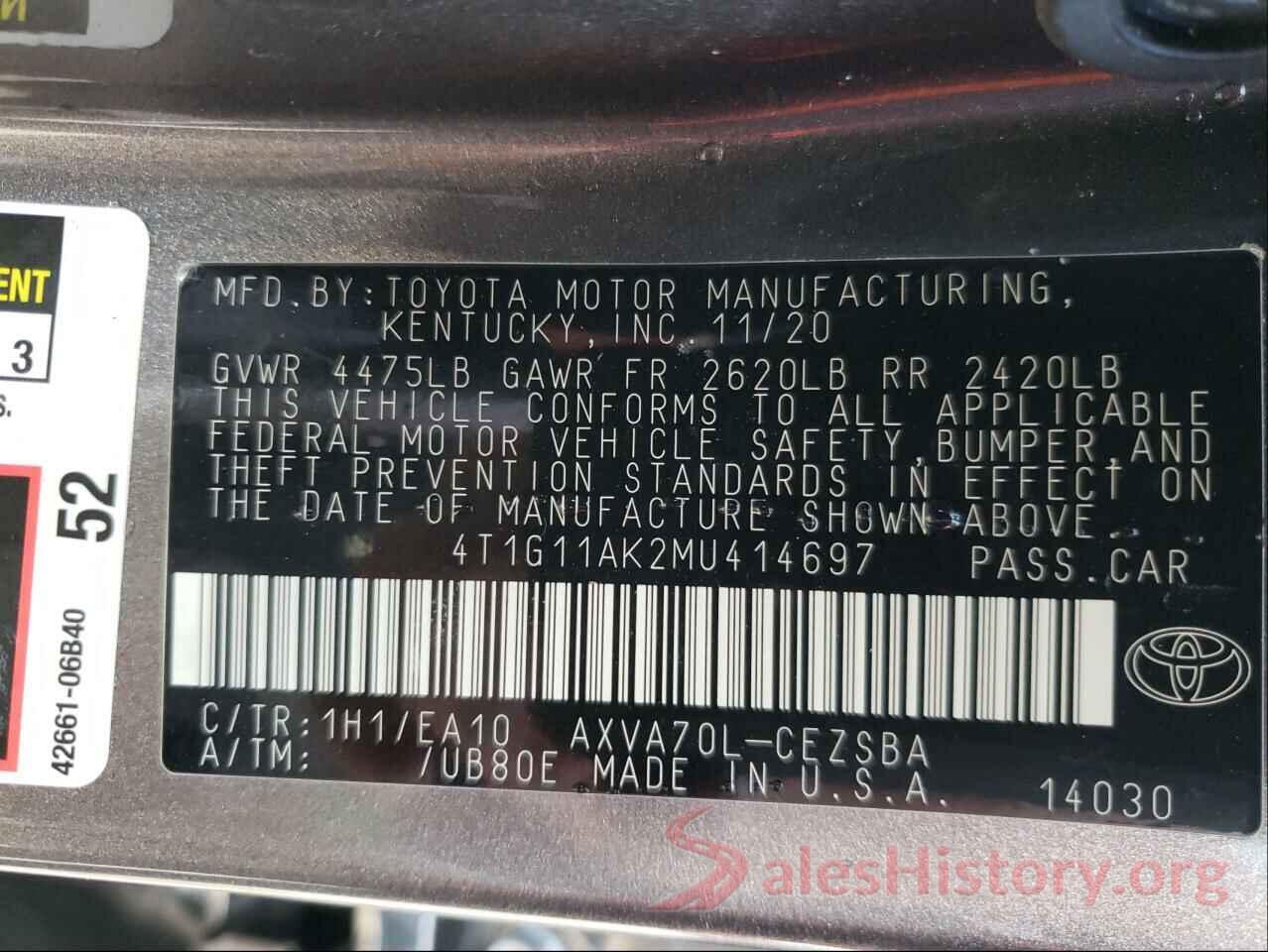 4T1G11AK2MU414697 2021 TOYOTA CAMRY