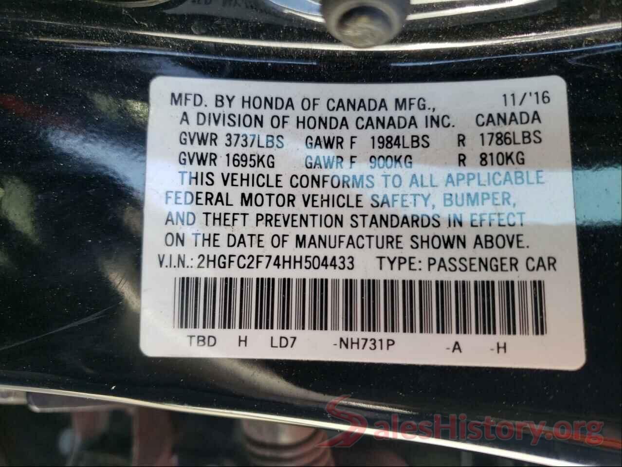 2HGFC2F74HH504433 2017 HONDA CIVIC