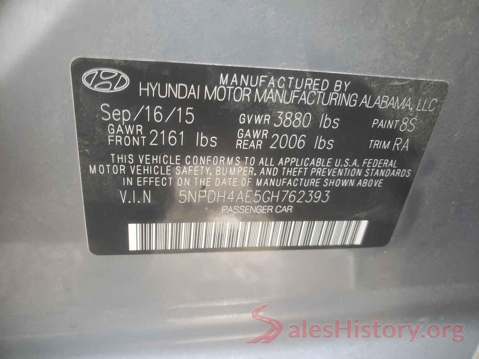 5NPDH4AE5GH762393 2016 HYUNDAI ELANTRA