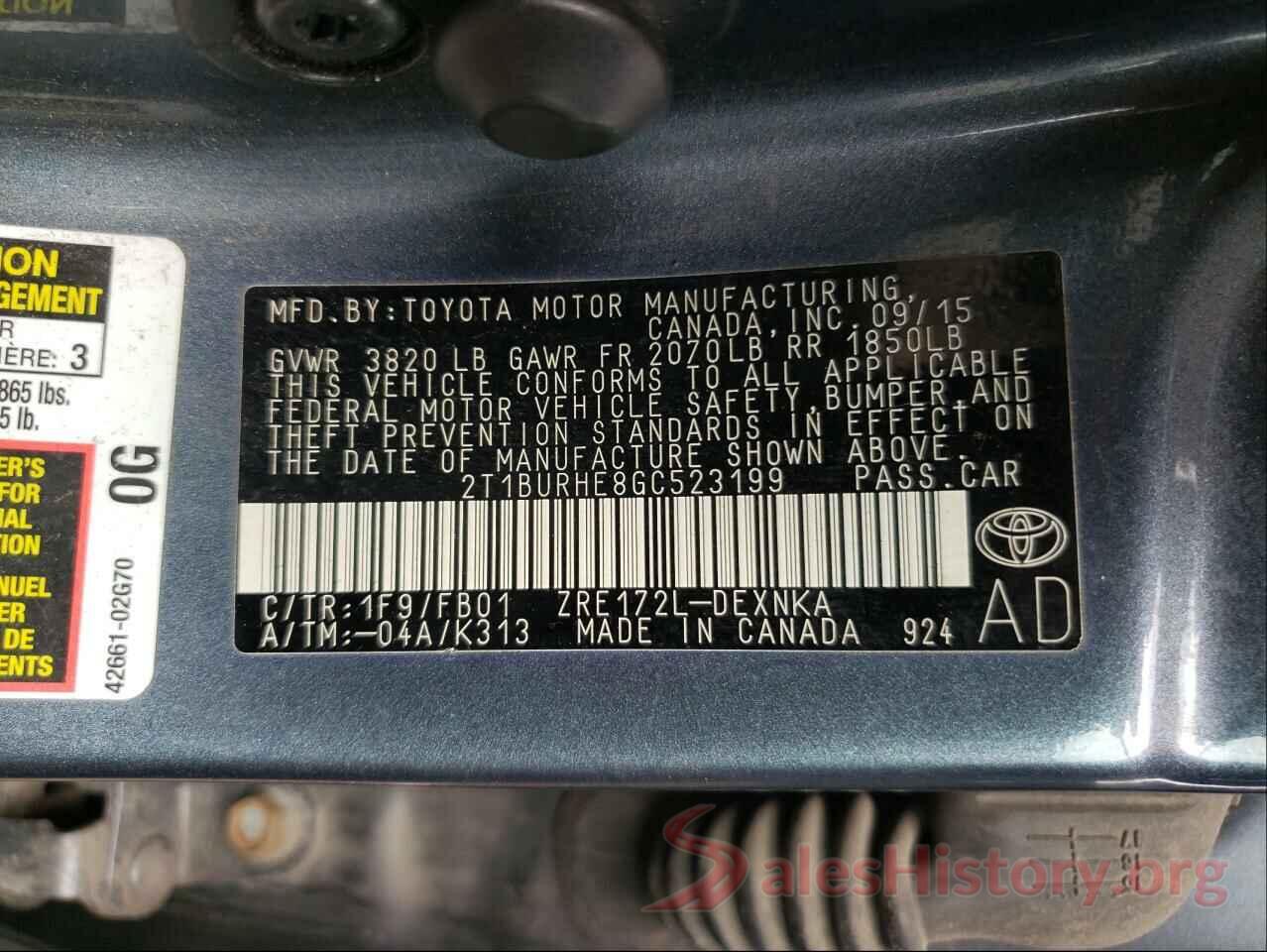 2T1BURHE8GC523199 2016 TOYOTA COROLLA