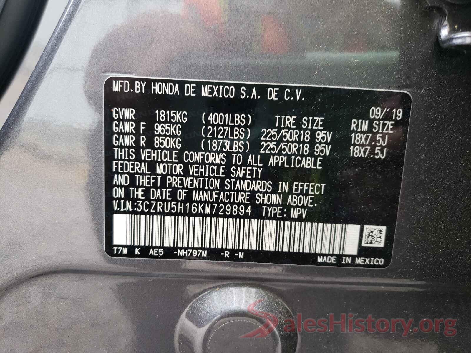 3CZRU5H16KM729894 2019 HONDA HR-V