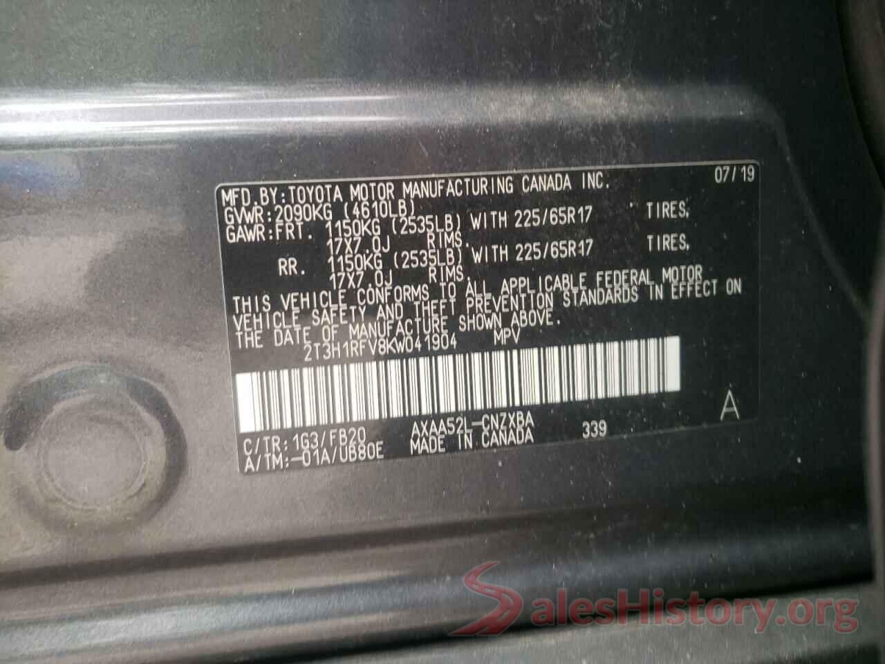 2T3H1RFV8KW041904 2019 TOYOTA RAV4