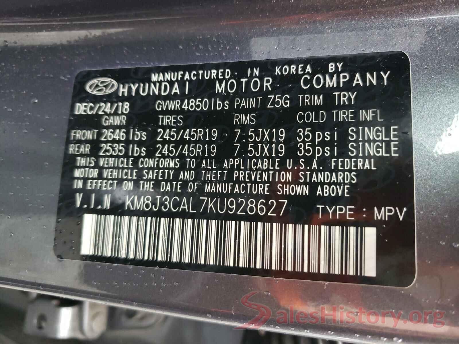 KM8J3CAL7KU928627 2019 HYUNDAI TUCSON