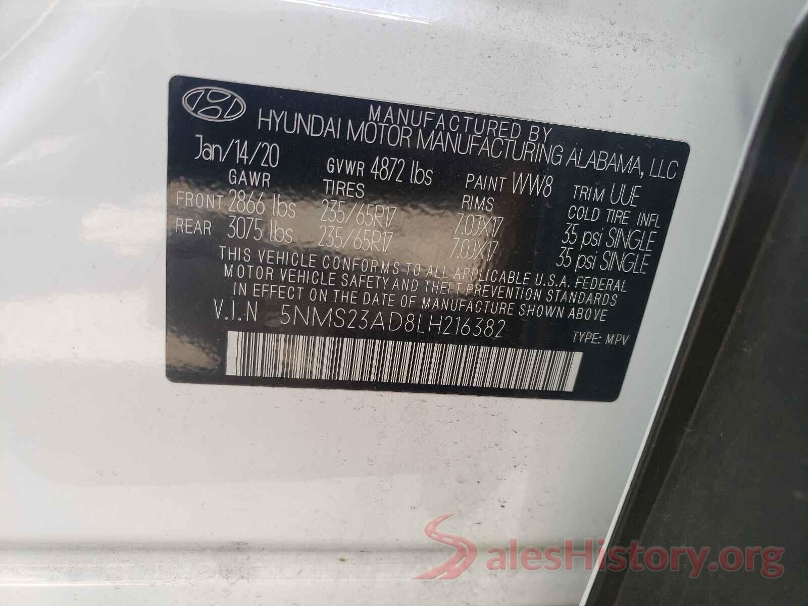 5NMS23AD8LH216382 2020 HYUNDAI SANTA FE