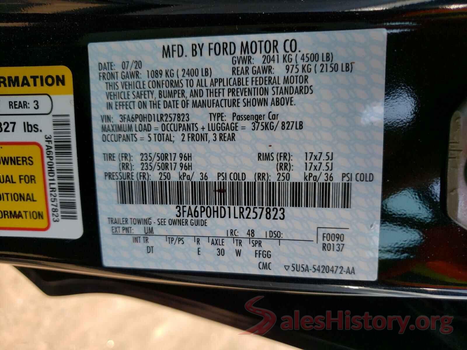 3FA6P0HD1LR257823 2020 FORD FUSION