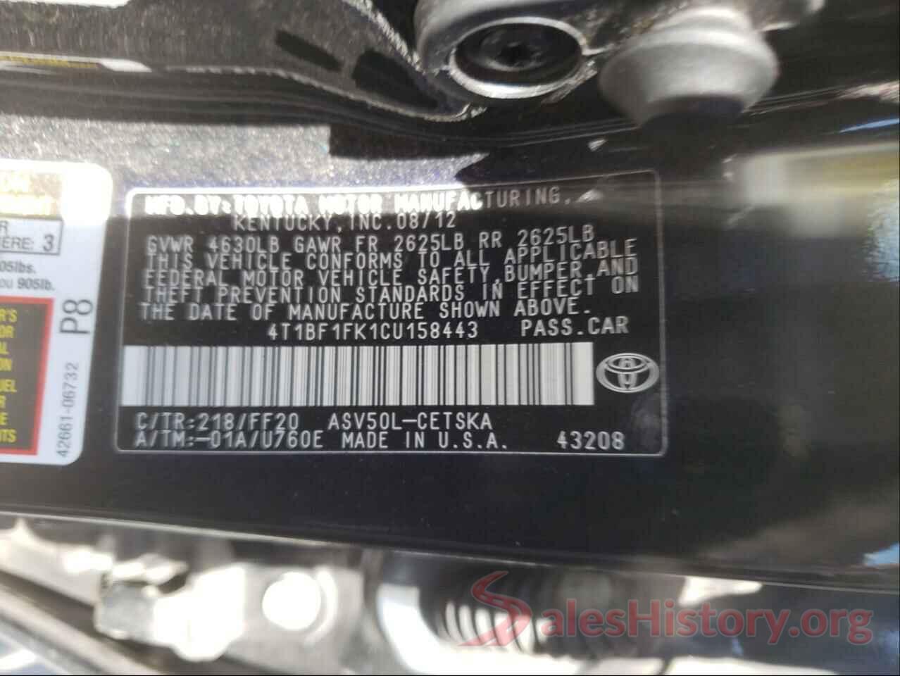 4T1BF1FK1CU158443 2012 TOYOTA CAMRY