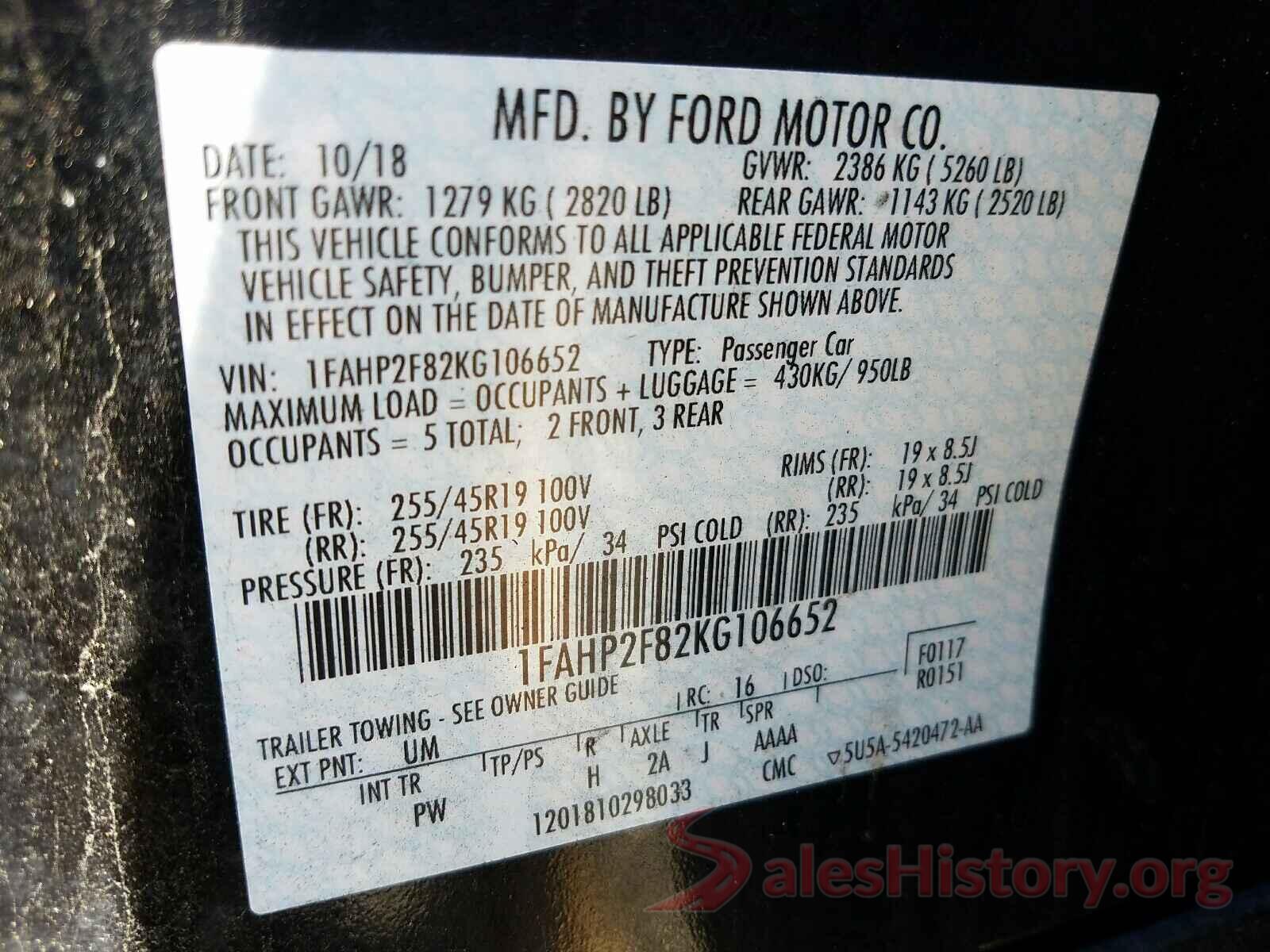 1FAHP2F82KG106652 2019 FORD TAURUS