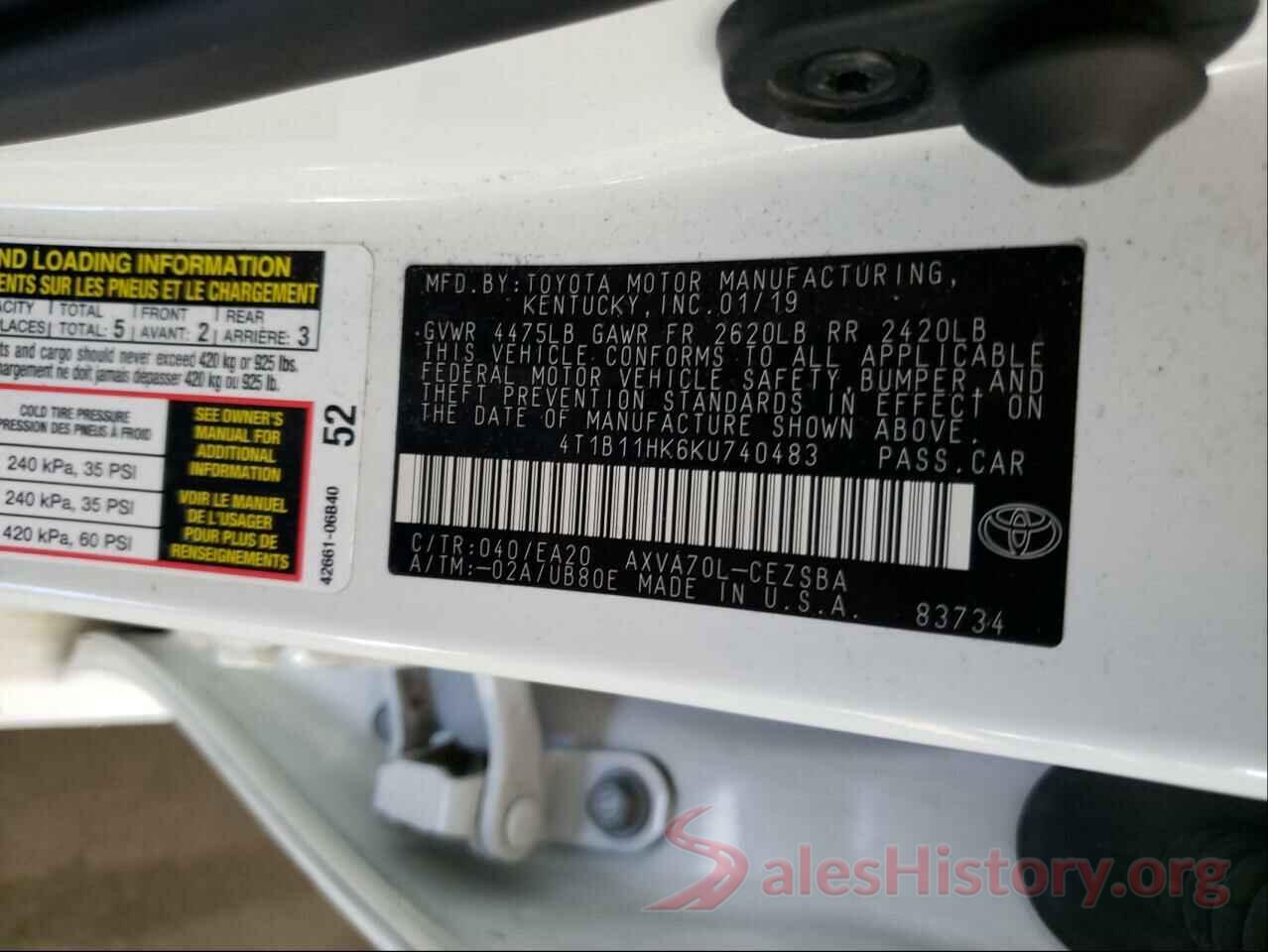 4T1B11HK6KU740483 2019 TOYOTA CAMRY