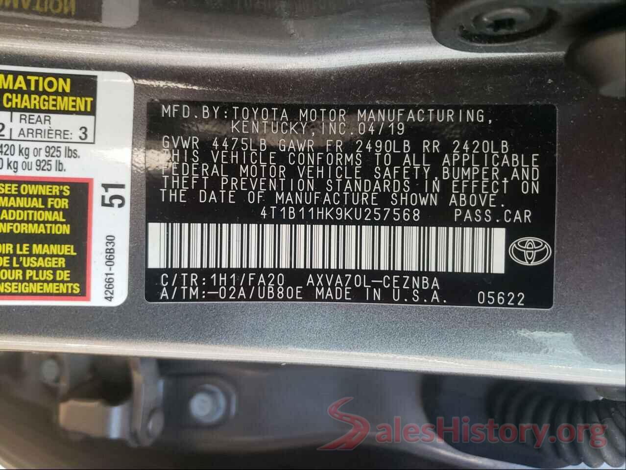 4T1B11HK9KU257568 2019 TOYOTA CAMRY