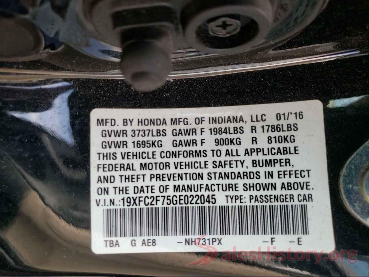 19XFC2F75GE022045 2016 HONDA CIVIC