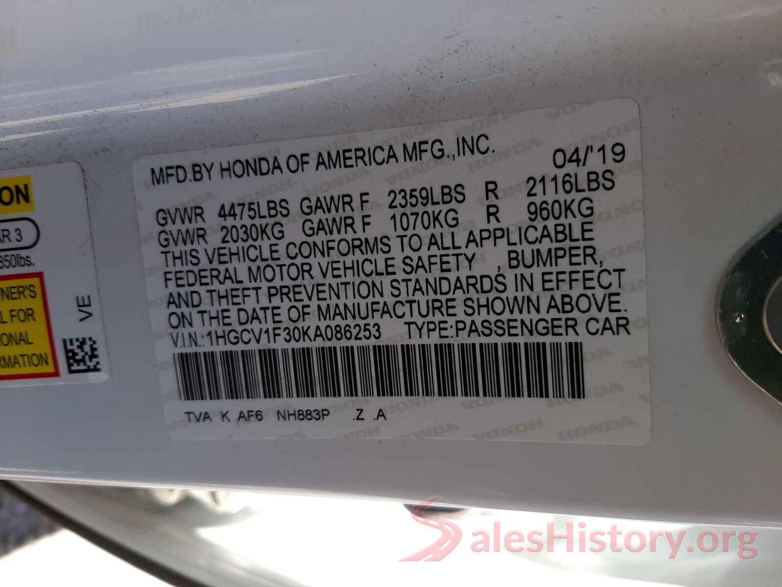 1HGCV1F30KA086253 2019 HONDA ACCORD