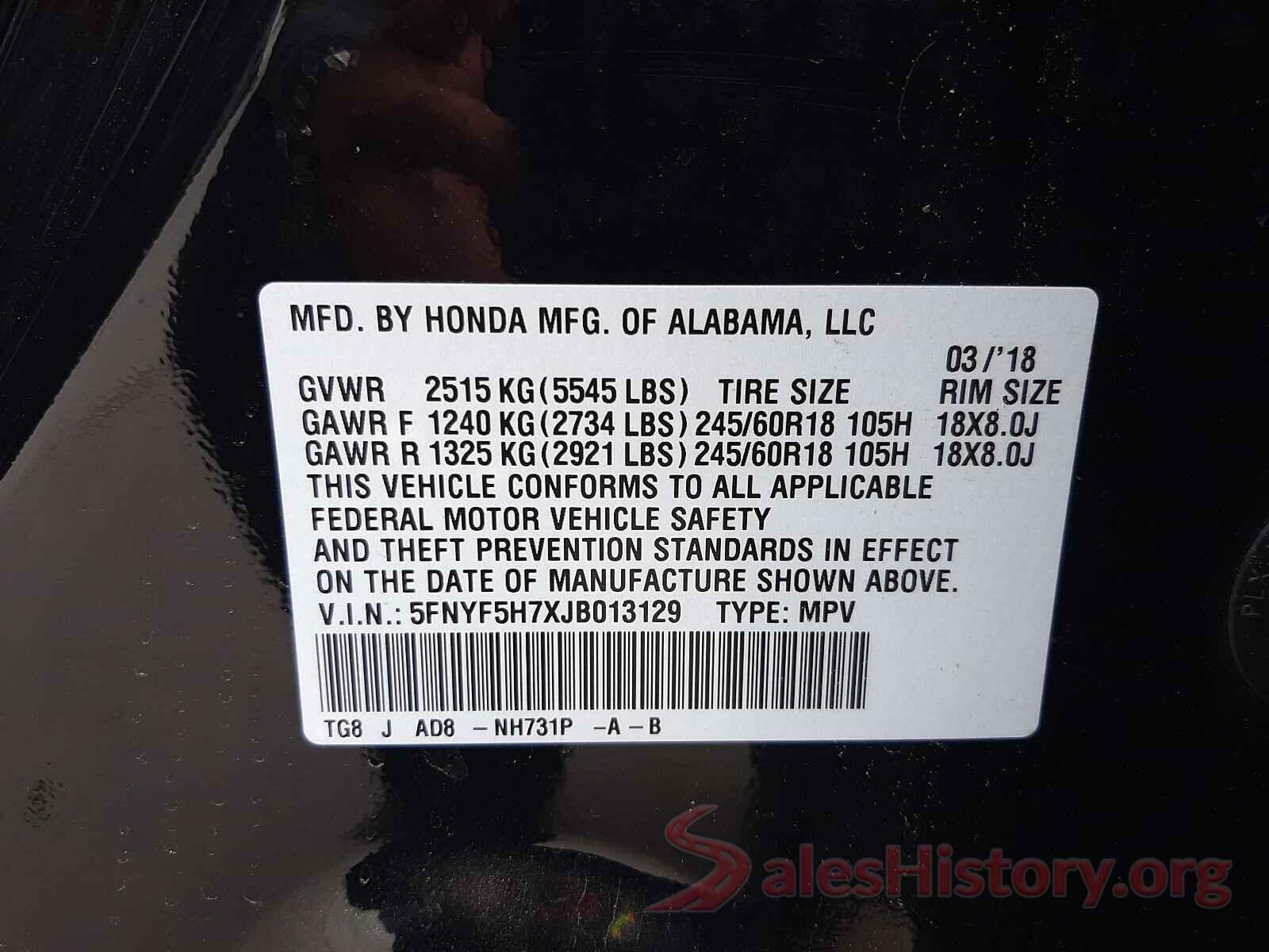 5FNYF5H7XJB013129 2018 HONDA PILOT