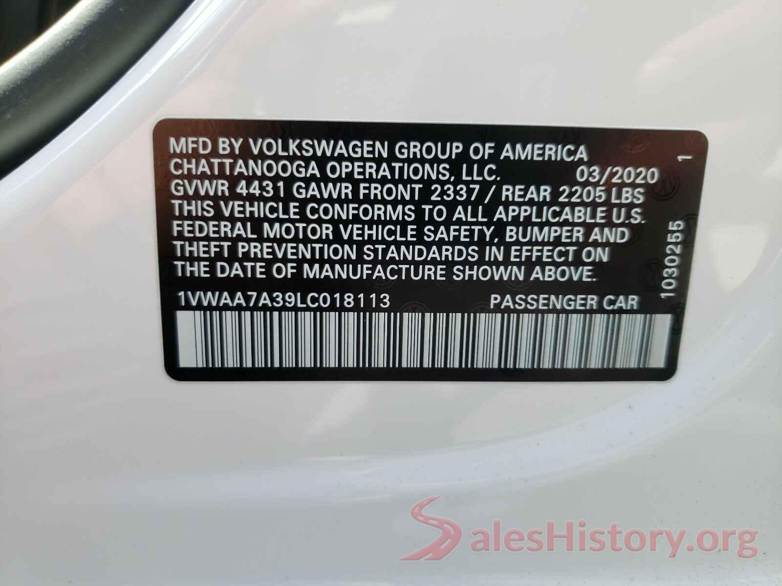 1VWAA7A39LC018113 2020 VOLKSWAGEN PASSAT