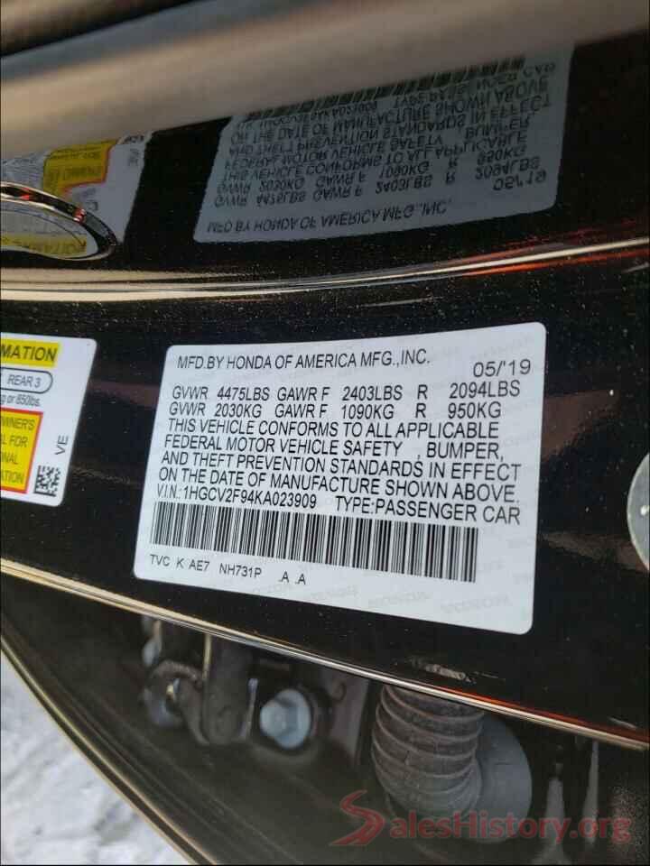 1HGCV2F94KA023909 2019 HONDA ACCORD