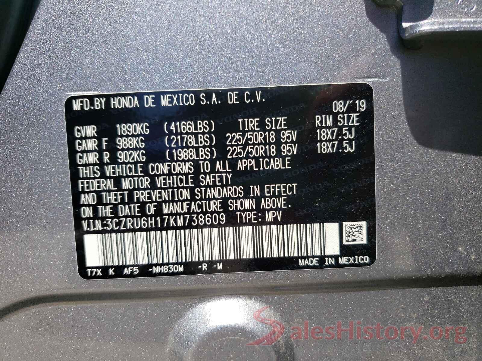 3CZRU6H17KM738609 2019 HONDA HR-V