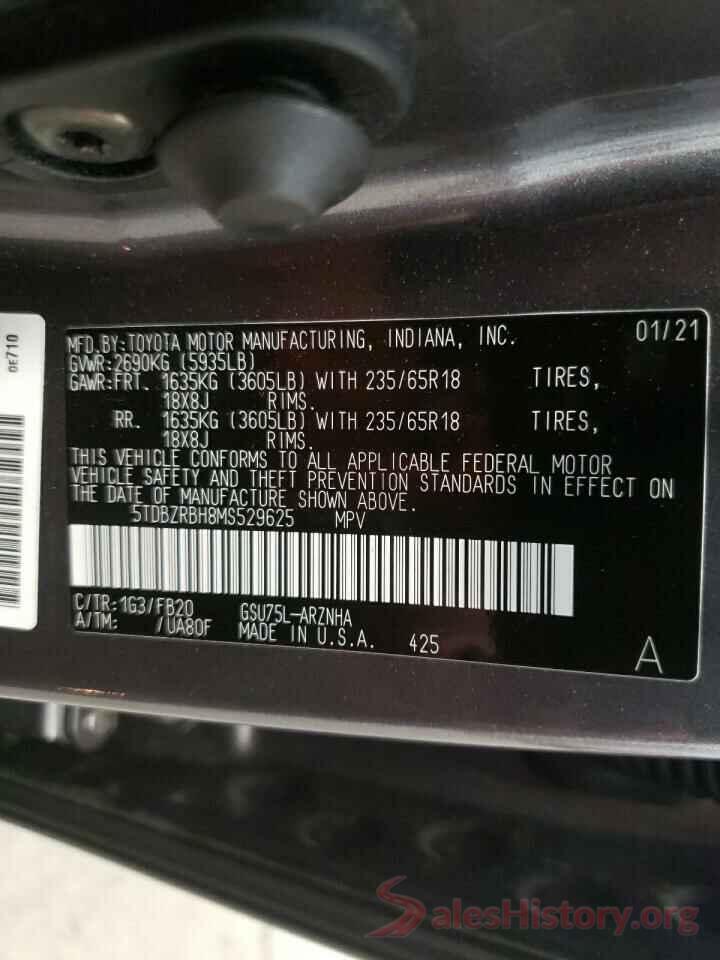 5TDBZRBH8MS529625 2021 TOYOTA HIGHLANDER