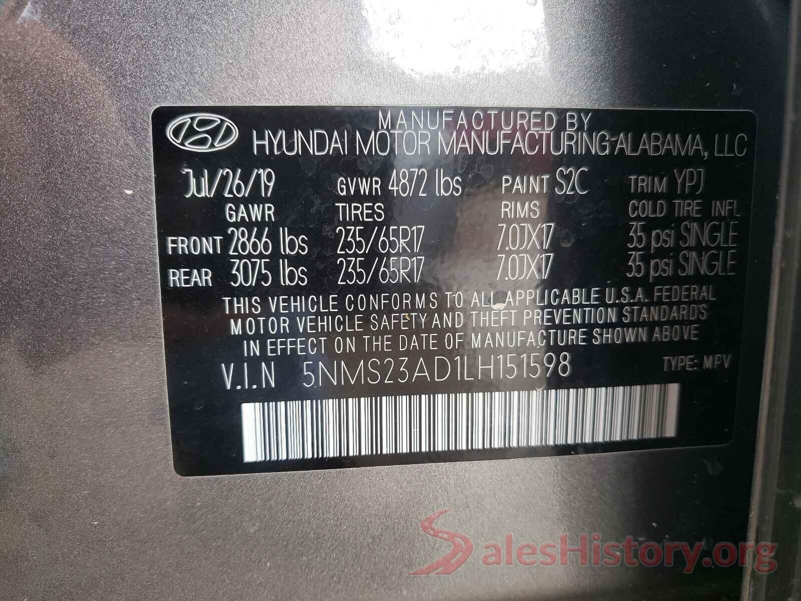 5NMS23AD1LH151598 2020 HYUNDAI SANTA FE