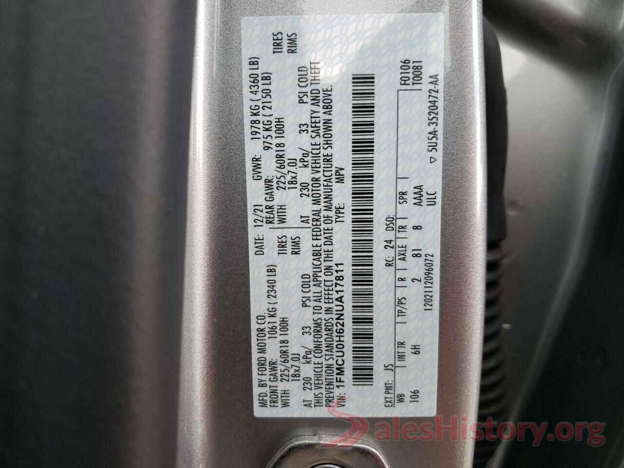 1FMCU0H62NUA17811 2022 FORD ESCAPE