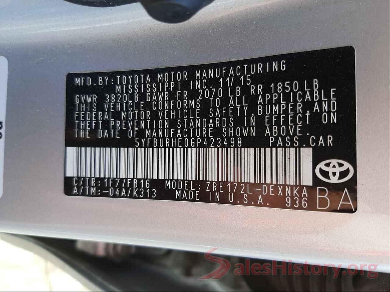 5YFBURHE0GP423498 2016 TOYOTA COROLLA